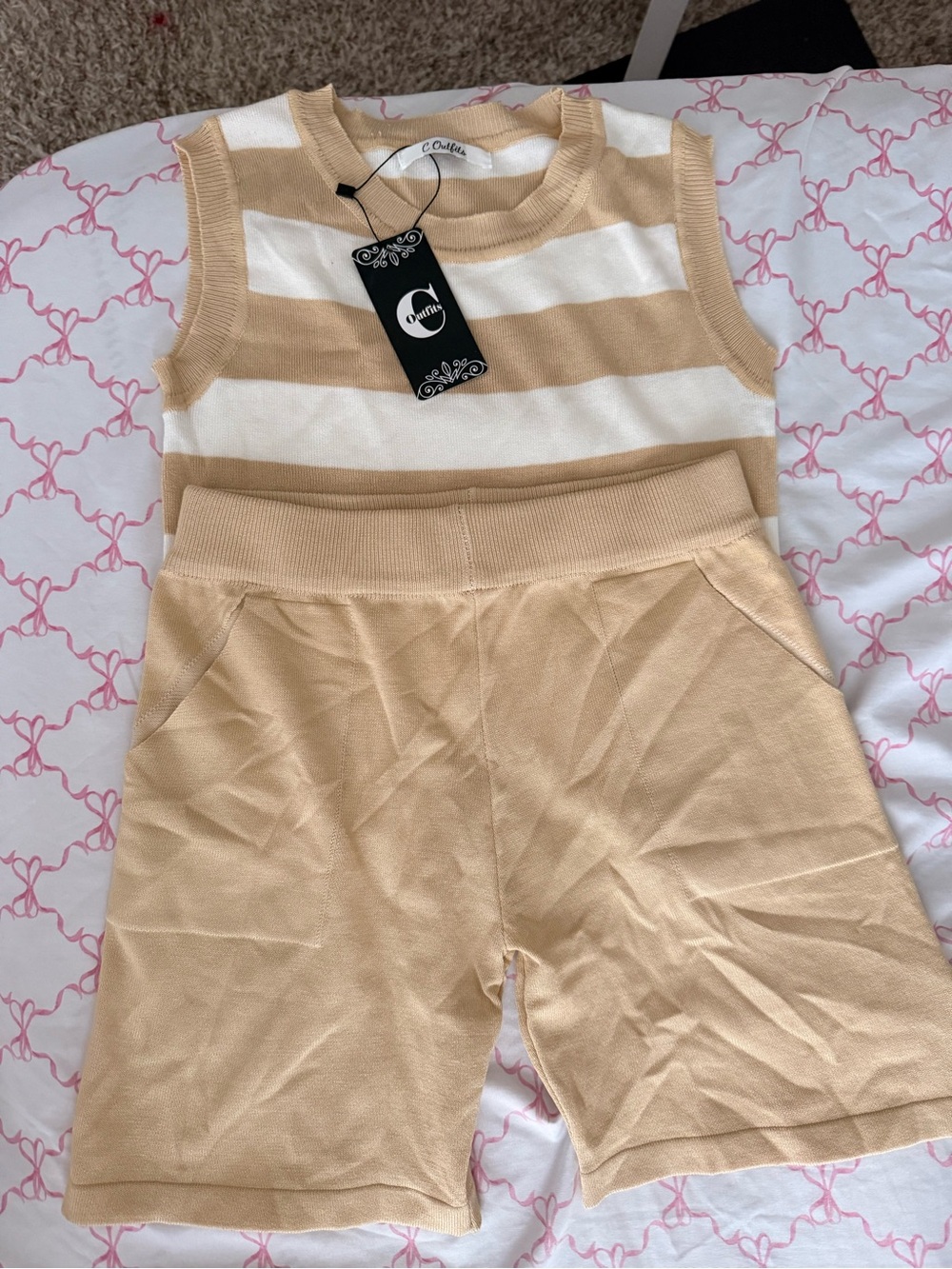Cream & Beige Striped Knit Tank with Matching Shorts Set
